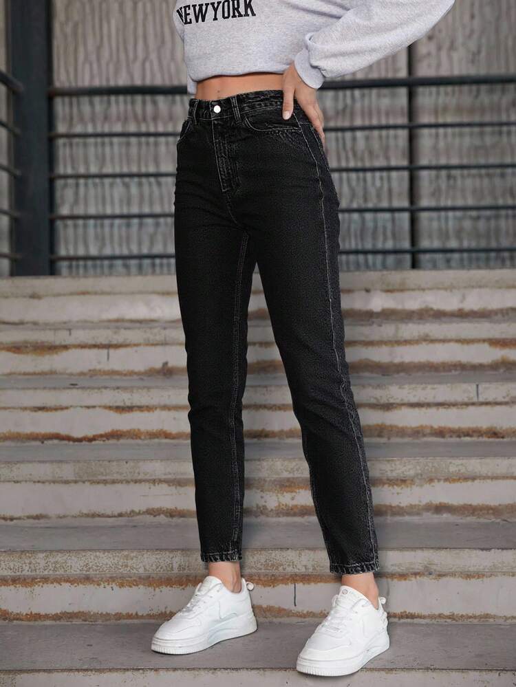 EURMUSE 100%Cotton Women High Waist Mom Fit Jeans - Black - View 4