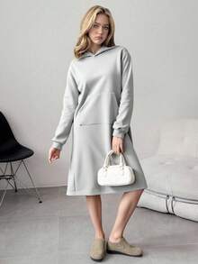 Tween Girls Extra Long Hooded Basic Pocket Sweatshirt, Minimalist & Fashionable Fall Winter - Grey - View 1