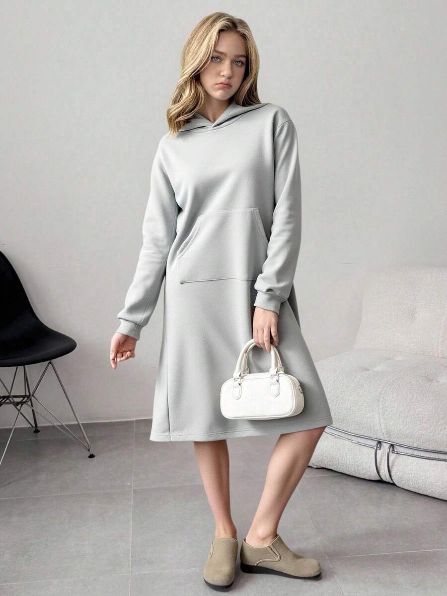 Tween Girls Extra Long Hooded Basic Pocket Sweatshirt, Minimalist & Fashionable Fall Winter - Grey - View 1