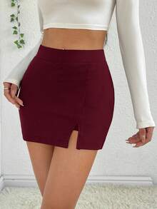SHEIN EZwear Jupe rouge vin d'automne pour femmes avec fentes latérales - Rouge foncé - Voir 4