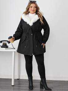 SHEIN CURVE+ 大码冬季服装蓬松拼接连帽长袖加厚棉服 - 黑與白 - 查看 7