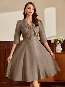 Vintamour Vintage klassisch elegantes Damenkleid, Frühling/Sommer tailliertes Kleid mit Schleifengürtel und 3/4 Ärmeln, marineblau, Herbstkleidung, formelle Kleider für Frauen, braunes Kleid, Business-Lässig-Kleidung für Frauen, Neujahrskleider, Neujahrsbekleidung für Frauen, braunes Kleid - Braun - Übersicht 3