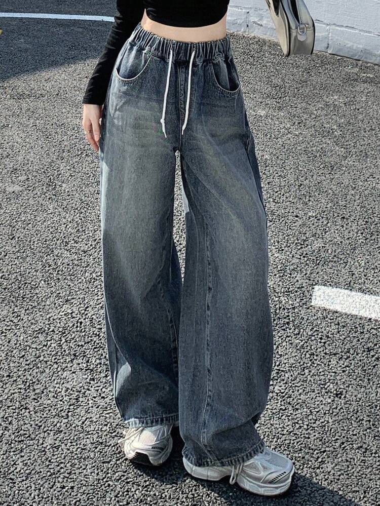 Drawstring High Waisted Wide Leg Jeans,Baggy Jeans
