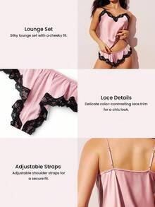 LUVLETTE 女士性感丝滑缎面奢华蕾丝边V领吊带背心和短裤透气家居服睡衣套装，情人节内衣睡衣 - 藕粉色 - 查看 3