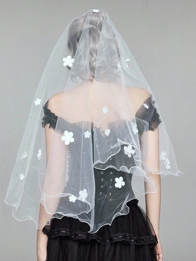 Grunge Punk 1pc White Floral Ruffled Bridal Veil