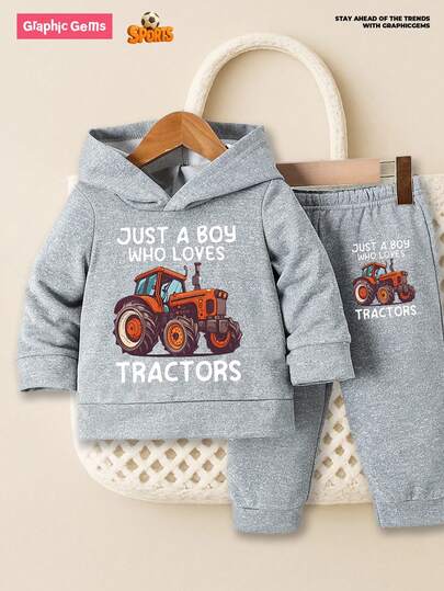 SHEIN Baby Boy Car Pattern Casual Hooded Long Sleeve Sweatshirt And Pants Set, Spring/Autumn