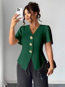 Elenzga Áo len cardigan cài nút hoa hồng thời trang cỡ lớn - Màu xanh lá cây đậm - Xem 3