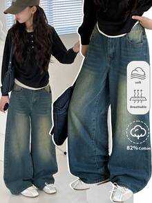 Jeans amples bleus confortables et nostalgiques pour tenues décontractées de filles préadolescentes, tenues de tous les jours souples, tenues de festival et de maison, vêtements d'école streetwear pour filles préadolescentes - Bleu azur - Voir 4