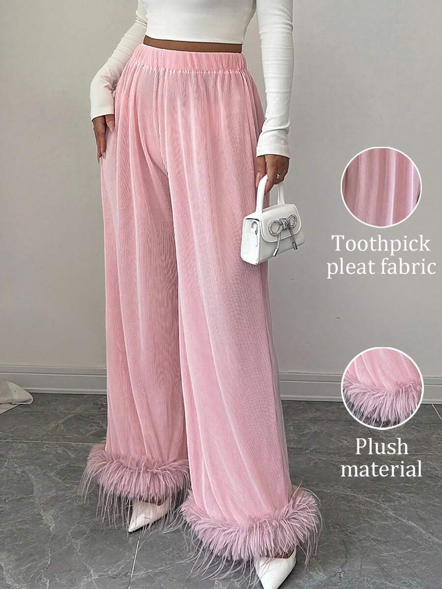Selianne Women's Elegant Elastic Waist Patchwork Wide Leg Pants - Pink - View 1
