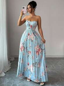 Elenzga Gaun Camisole A-Line Elegan dan Romantis dengan Motif Bunga dan Detail Kerut di Pinggang untuk Wanita - MultiWarna - View 6