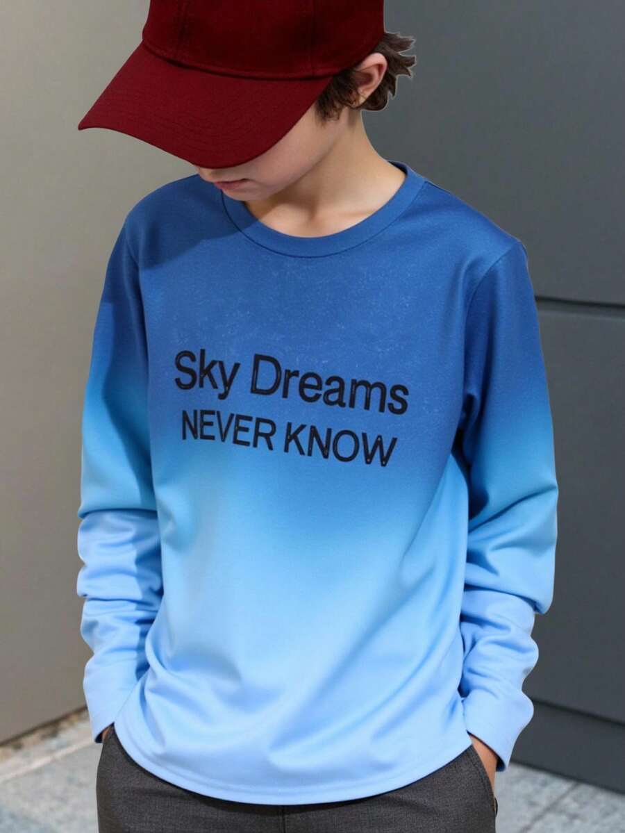 SHEIN Tween Boy 休闲渐变字母印花圆领长袖针织 T 恤,适合通勤、上学、日常休闲、旅行、运动、秋冬 - 藍色 - 查看 1