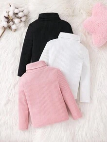 SHEIN 3pcs/Set Young Girls Ribbed Knit Long Sleeve Tops,Pink,White,Black Solid Color Stand Collar Shirts For Winter,School,Back-To-School Casual Wear - Multicolor - View 2