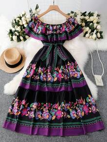 Breezaya Vestido longo plus size feminino com estampa floral e ombro de fora para férias