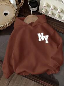Tween Boy Casual Minimalist NY Cartoon Pattern Loose Fit Long Sleeve Sweatshirt, Suitable For Autumn/Winter Fall - Brown - View 2