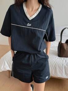 DAZY Bộ đồ nữ 2 món màu khối cổ chữ V rộng rãi thường ngày, Bộ đồ nữ ngắn - Màu xanh hải quân - Xem 4