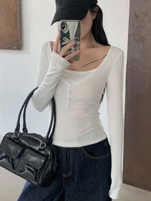 DAZY 女式纯色纽扣前长袖修身休闲 T 恤，秋季，返校服装学院风上衣，秋季女装 - 白色 - 查看 8