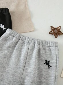 SHEIN 2Pcs Newborn Baby Girl Winter Casual Grey Fleece Long Pants Set,Small Horse Embroidered Elastic Waist Back-To-School School Trousers,Buy One Get One - Multicolor - View 7