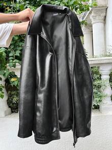 SHEIN EZwear Plus Size Distressed PU Leather Loose Fit Jacket, For Winter Fall Autumn