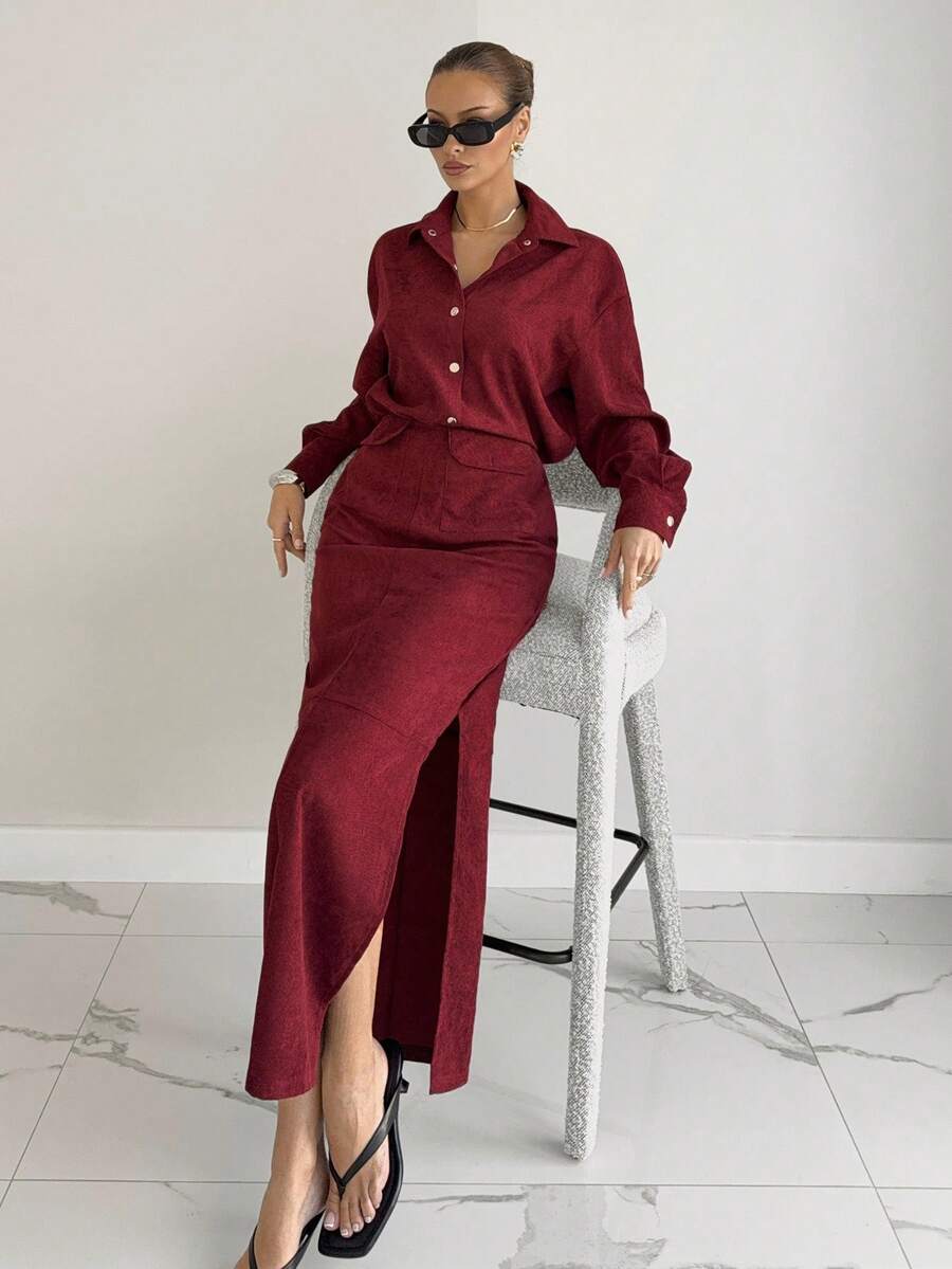 Siren Gaze Women's Solid Color Drop Shoulder Long Sleeve Shirt And Side Slit Hem A-Line Skirt Casual 2 Pieces Set Christmas Winter New Year Red - Red - View 1