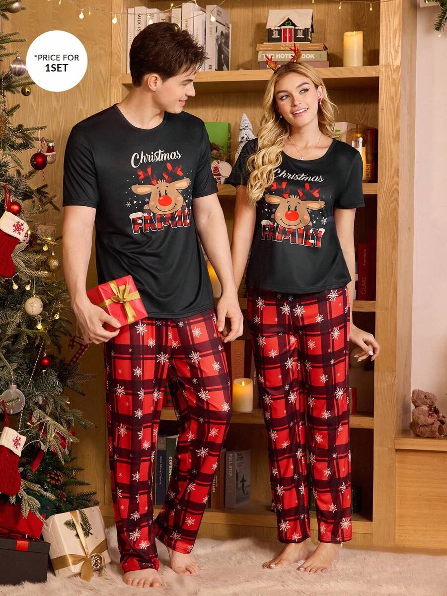 CoupledUp Conjunto de pijama de hombre con estampado navideño a cuadros y ciervos