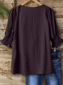 Linhara Áo cánh vải lanh pha trộn phong cách Bohemian cỡ lớn, tay áo 3/4, cổ bèo nhún, thanh lịch, thường ngày - Màu tím - Xem 2