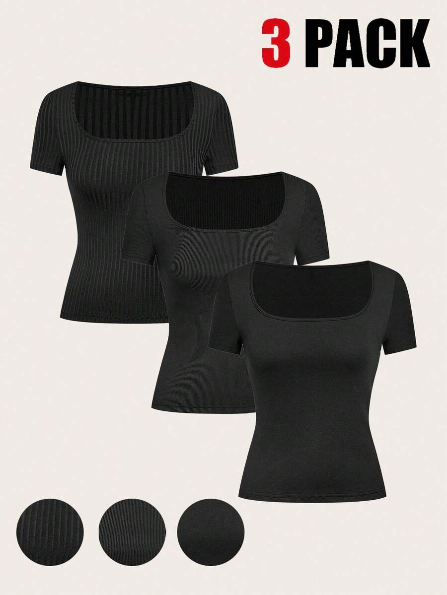 SHEIN EZwear 3 件套圆领短袖短款休闲修身女式 T 恤,百搭百搭,不同面料 - 黑色 - 查看 1