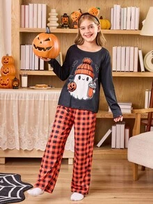 Halloween Cute Ghost Print Pajama Set With Plaid Pants, For Big Girls - Black - View 4
