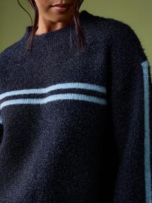 MISSGUIDED Long Sleeve Crew Neck Striped Knit Sweater With Contrast Trim Details For Fall Winter - Navy Blue - View 3
