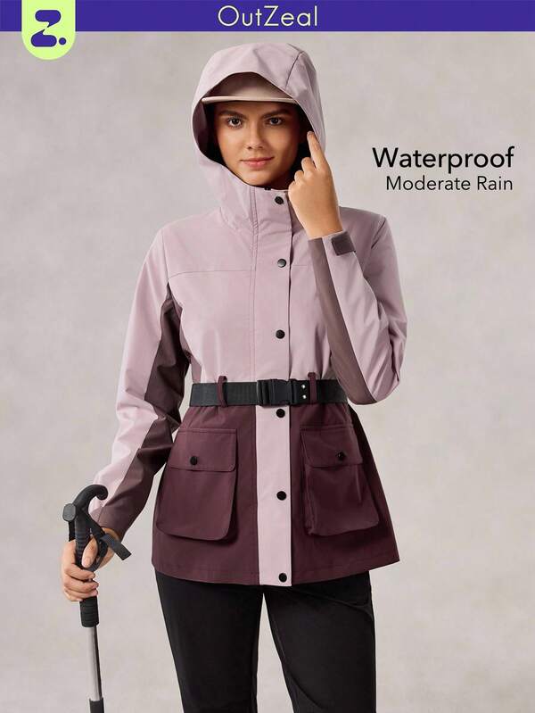 OutZeal Women Water-Resistant Cinch Waist Flap Pocket Color-Blocked Outdoor Jacket Hiking Camping Fall Winter