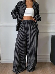 Livesso Bộ 2 món áo len cardigan kẻ sọc công sở rộng rãi, thoải mái cho nữ và quần ống rộng, phù hợp cho mùa thu đông - màu đen - Xem 5