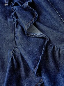 Sweetra 时尚休闲系带蝴蝶结荷叶边下摆牛仔迷你裙 - 深色水洗藍 - 查看 2