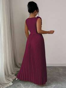 Vestido plisado de línea A de color crema amarillento, talla grande, con escote en V, sin mangas, cintura ceñida, sofisticado - Rosa - Ver 8