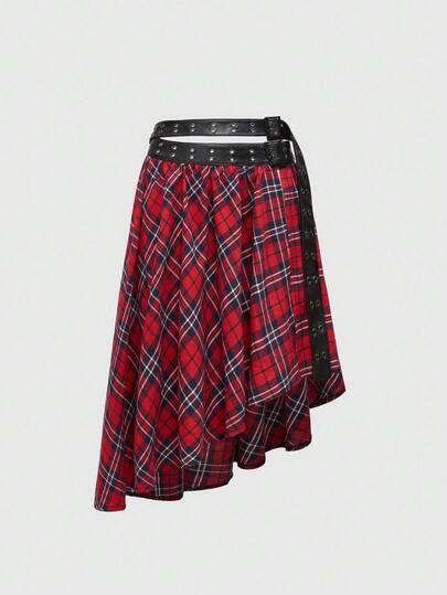 ROMWE Avant Y2K Sporty Babe Asymmetric Plaid Low-Waist Mini Skirt
