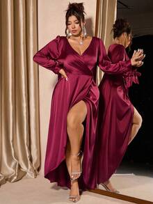 Cravure Váy maxi xếp ly dài tay màu đỏ rượu vang sang trọng, thanh lịch cỡ lớn - Màu Đỏ Sâu - Xem 3