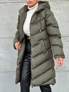 EURMUSE Women's Solid Color Zip-Up Hooded Cotton Padded Coat, Winter - Hijau Tentara - View 3