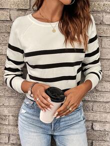 Easowa Casual Black & White Striped Round Neck Raglan Sleeve Women Sweater In Fall/Winter - Apricot - View 6
