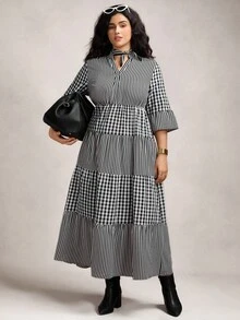 Zelara 大码粉色碎花休闲四层连衣裙 - 黑與白 - 查看 8