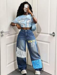 BamGleam Women's Printed Distressed Patchwork Wide Leg Jeans - Medium Wash - View 7