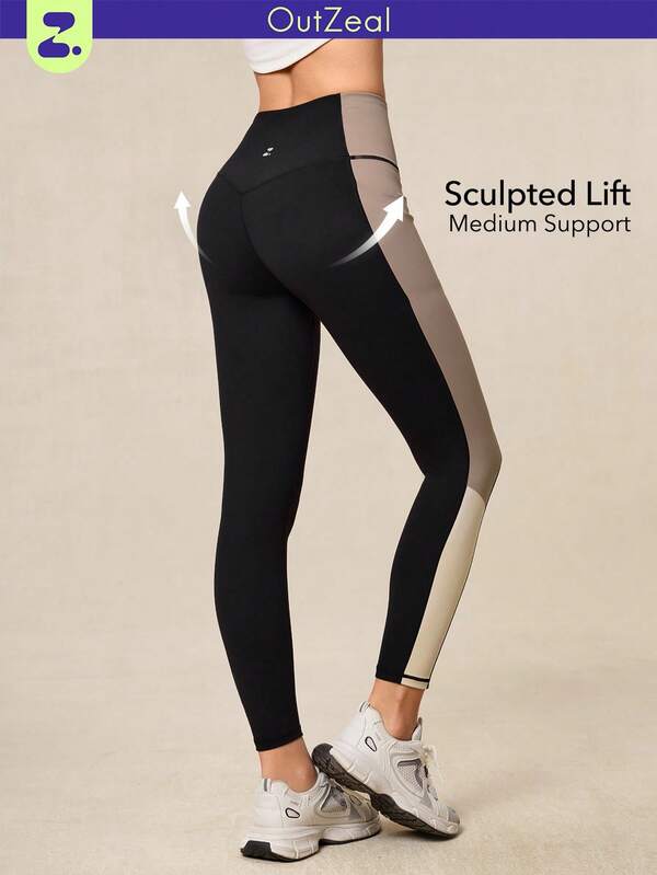 OutZeal Tummy Control High Waist Side Pocket Color-Blocked Legging Butt Lifting Medium Impact Gym Pilates