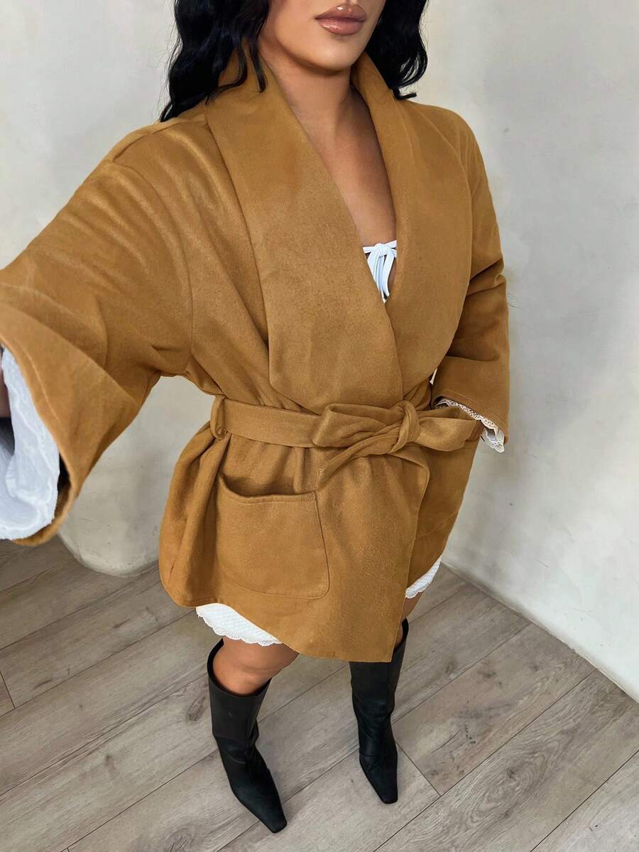 SHEIN SXY Elegant Casual Overcoat With Belt, Autumn/Winter, Brown - Khaki - View 1