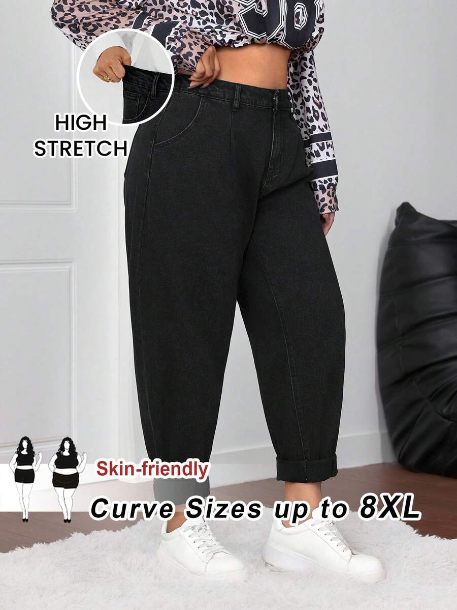 SHEIN CURVE+ 女式黑色秋冬弹力保暖内衬锥形加大码牛仔裤，适合所有女士服装，万圣节服装，乡村风格女士装，时尚秋季 - 黑色 - 查看 1