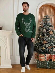 Manfinity Homme Áo len cổ tròn họa tiết tuần lộc cho nam, dáng rộng, thường ngày, áo len Giáng sinh cho nam, áo len tuần lộc, áo len Giáng sinh màu xanh lá cây, mùa thu/đông - Màu xanh lá cây đậm - Xem 3