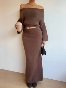 SHEIN Unity 1 Set Sexy Versatile Off-Shoulder Long Sleeve Top And Skirt Knit Suit - Coffee Brown - View 7