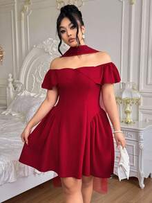 Roveilla Váy ngắn hở vai lãng mạn thanh lịch cỡ lớn dành cho nữ có dây thắt lưng, váy Giáng sinh ngắn xếp nếp, váy ôm eo, váy đỏ gợi cảm, váy sinh nhật, váy lãng mạn, váy dự tiệc - Đỏ - Xem 7