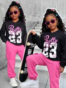 Set 2 buc. Hanorac și pantaloni cargo pentru fete preadolescente, streetwear, bluză cu mânecă lungă și pantaloni roz cu buzunar - Roz - Vizualizare 3