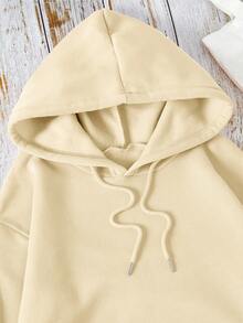 INAWLY Women's Solid Color Drawstring Loose Drop Shoulder Casual Versatile Sweatshirt - Khaki - View 3