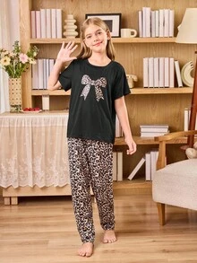 SHEIN 时尚豹纹蝴蝶结装饰休闲睡衣套装，适合少女 - 彩色 - 查看 3