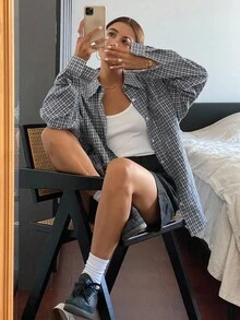 Livesso Plaid Loose Long Sleeve Turn-Down Collar Women's Shirt,Long Sleeve Tops,Fall Clothes,Flannels Women - Blue - View 5