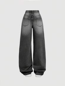 SHEIN Girlism 少女 Y2K 宽松休闲牛仔裤，带口袋和宽腿，少女暑假服装牛仔裤套装。 - 黑色 - 查看 2