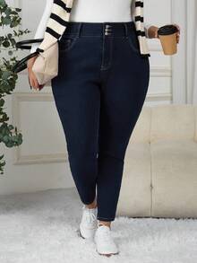 SHEIN CURVE+ 大码休闲水洗保暖内衬紧身牛仔裤 - 藍色 - 查看 4